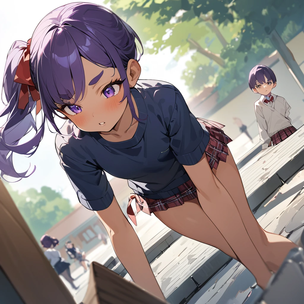 work of art, best qualityer, extremely detaild,Dutch angle, アニメ,Large school sweater、plaid plaid skirt,skin tanned,15year old ,dark skin tiny body,smallbreast,baby face,hand between legs,break,multicolored dark purple hair,side ponytail,short hair with long highlights,break,Eyes red,thick eyebrow,unexpressive,Detailed lips,False eyelashes,break,red cotton ribbon,break,break,microskirt,break,schoolyard