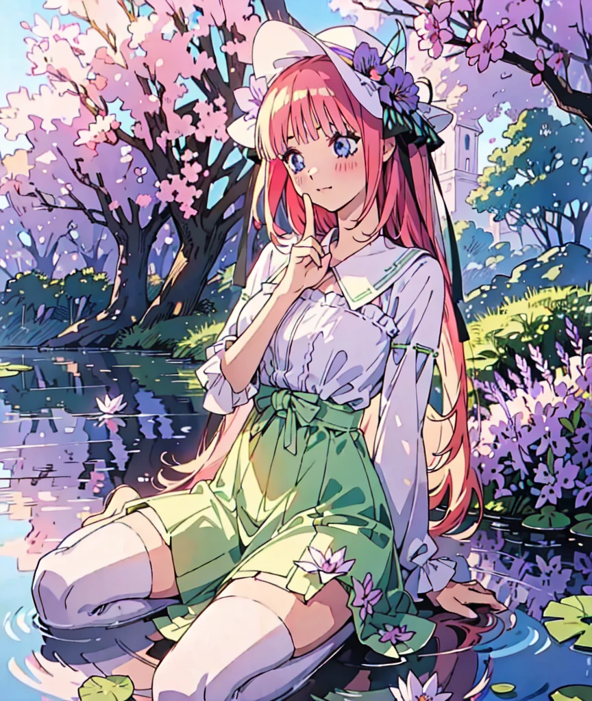 Nino nakano, dressed as sweetie belle from my little pony, solo, 1 girl, in a mythical garden: 2.0, (pink hair, coil curls: 2.5, dark blue heavenly eyes: 1.5, wearing a green and white dress, happy: 1.5, soft smile, her surroundings are ethereal, ((ultra realistic high quality top quality 4k)), one white thin really thin unicorn horn in her forehead: 3.0, bright sunny day: 1.urple and green flowers everywhere: 3.2, bushes, POND WITH LILY PADS: 3.0, jacaranda trees: 2.0, highly detailed jacaranda trees, green grass: 1.3, wearing a white summer hat with purple ribbon, summer dress with flower patterns, dainty features: 2.0,  like features: 2.0 two white cat ears: 1.0, ONE WHITE THIN THIN REALLY THIN HORN ON HER FOREHEAD, two white cat ears, pure white skin, green thigh high, highly detailed legging, purple heel, shiny hair, slightly shiny skin, sun rise, morning, shining ponds, lavender flower everywhere, shining eyes, soft gentle smile cute pink soft light blush,