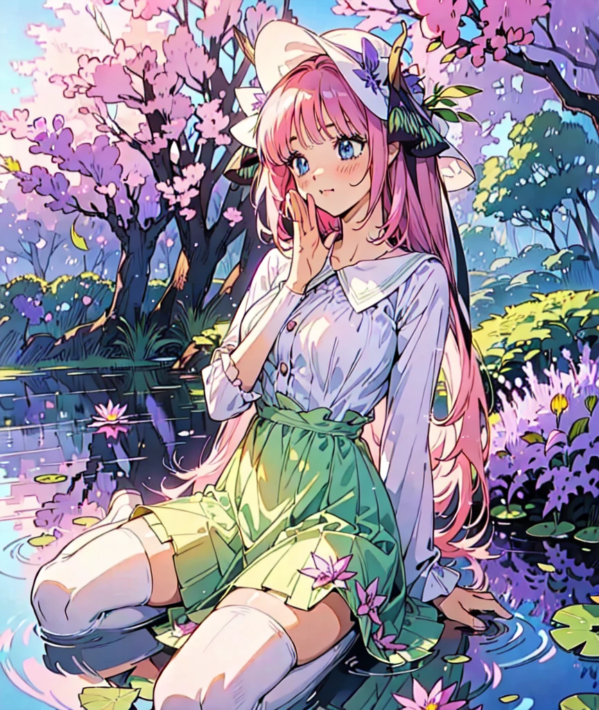 Nino nakano, dressed as sweetie belle from my little pony, solo, 1 girl, in a mythical garden: 2.0, (pink hair, coil curls: 2.5, dark blue heavenly eyes: 1.5, wearing a green and white dress, happy: 1.5, soft smile, her surroundings are ethereal, ((ultra realistic high quality top quality 4k)), one white thin really thin unicorn horn in her forehead: 3.0, bright sunny day: 1.urple and green flowers everywhere: 3.2, bushes, POND WITH LILY PADS: 3.0, jacaranda trees: 2.0, highly detailed jacaranda trees, green grass: 1.3, wearing a white summer hat with purple ribbon, summer dress with flower patterns, dainty features: 2.0,  like features: 2.0 two white cat ears: 1.0, ONE WHITE THIN THIN REALLY THIN HORN ON HER FOREHEAD, two white cat ears, pure white skin, green thigh high, highly detailed legging, purple heel, shiny hair, slightly shiny skin, sun rise, morning, shining ponds, lavender flower everywhere, shining eyes, soft gentle smile cute pink soft light blush,