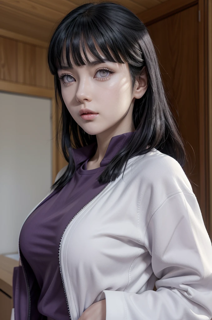 Hinata from naruto, realistic, age 25, extreme pure white skin, white eyes, black long bangs, hair, purple ninja jacket, perfect face, perfect shape body, large breasts, clothes covered upper body, 3d