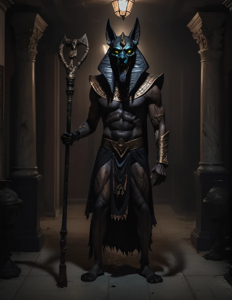 un hombre vestido como un realista diseño de disfraz de halloween de zumbi anubis, intimidante hombre psicópata aterrador, Máscara de Anubis, Energía oscura, traje negro, estilo zombi, sosteniendo un bastón, cuerpo completo muy detallado, iluminación cinematográfica, Entrada con atmósfera dramática, Fotorrealista, 8K, obra maestra