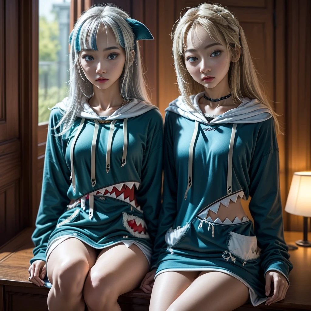 (gawr gura, blue hoodie, shark hood)、Beautiful girl、Highly detailed face and eyes、Very fine body、Long, flowing white hair、Shallow depth of field、Cinematic lighting、Soft pastel colors、Photorealistic、8K、Highest quality、masterpiece、Full body portrait、Surreal、dramatic、elegant、Calm