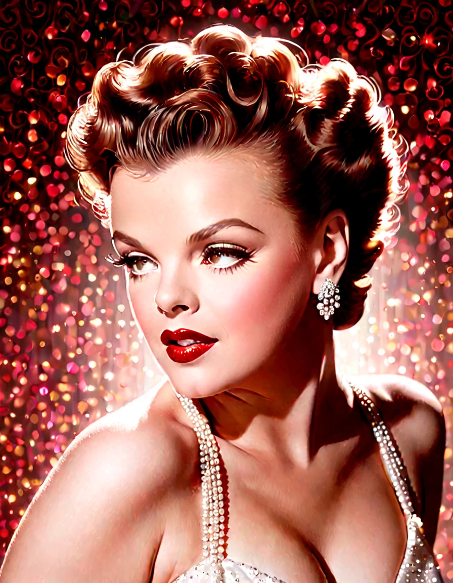 "Generate a portrait of Judy Garland exuding timeless elegance and vintage glamour. Envision her in a classic Hollywood setting with soft, flattering lighting. Emphasize her features with a touch of sophistication, perhaps inspired by the golden age of Hollywood."