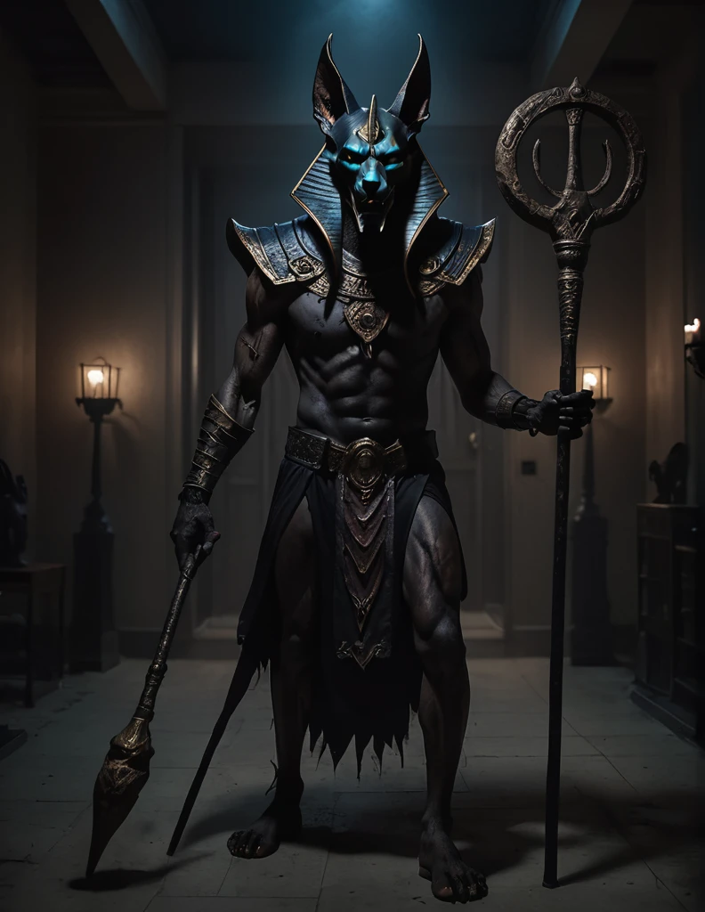 un hombre vestido como un realista diseño de disfraz de halloween de zumbi anubis, intimidante hombre psicópata aterrador, Máscara de Anubis, Energía oscura, traje negro, estilo zombi, sosteniendo un bastón, cuerpo completo muy detallado, iluminación cinematográfica, Entrada con atmósfera dramática, Fotorrealista, 8K, obra maestra