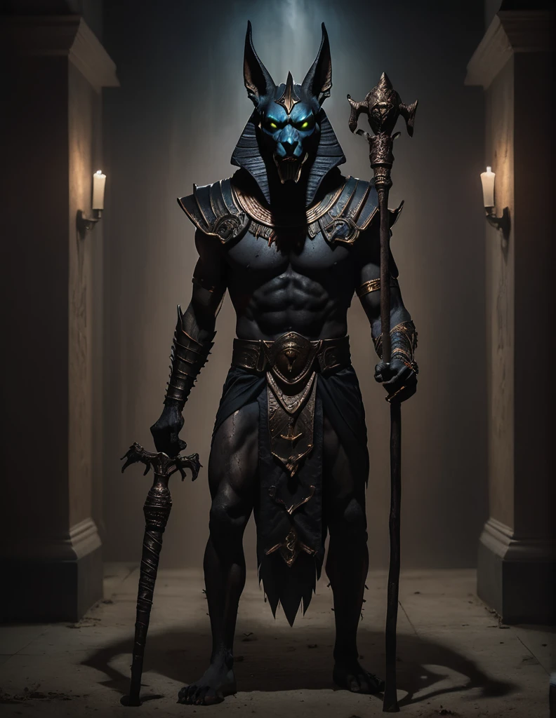 un hombre vestido como un realista diseño de disfraz de halloween de zumbi anubis, intimidante hombre psicópata aterrador, Máscara de Anubis, Energía oscura, traje negro, estilo zombi, sosteniendo un bastón, cuerpo completo muy detallado, iluminación cinematográfica, Entrada con atmósfera dramática, Fotorrealista, 8K, obra maestra