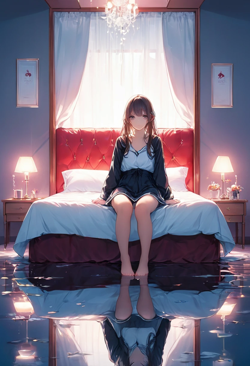 score_9, score_8_up, score_7_up, rating_safe, lovehotel, reflection ground, glowing bed, sitting, 1girl, full body shooting, from front, looking at viewer