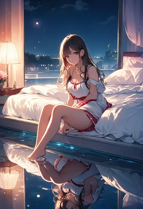 score_9, score_8_up, score_7_up, rating_safe, lovehotel, reflection ground, glowing bed, sitting, 1girl, full body shooting, fro...