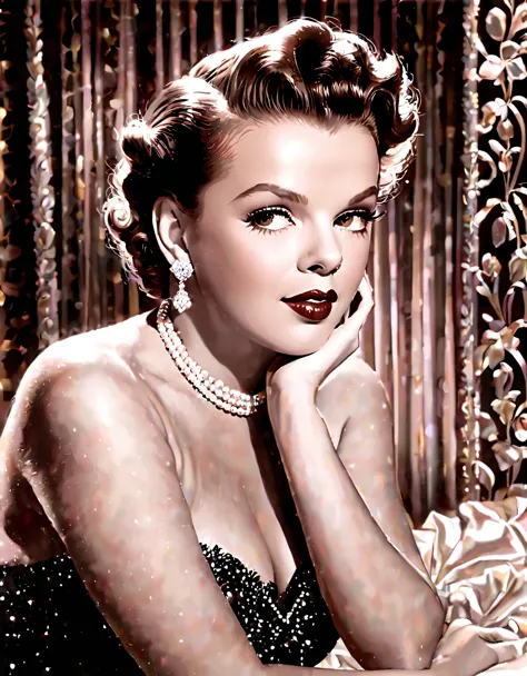 "generate a portrait of judy garland exuding timeless elegance and vintage glamour. envision her in a classic hollywood setting ...