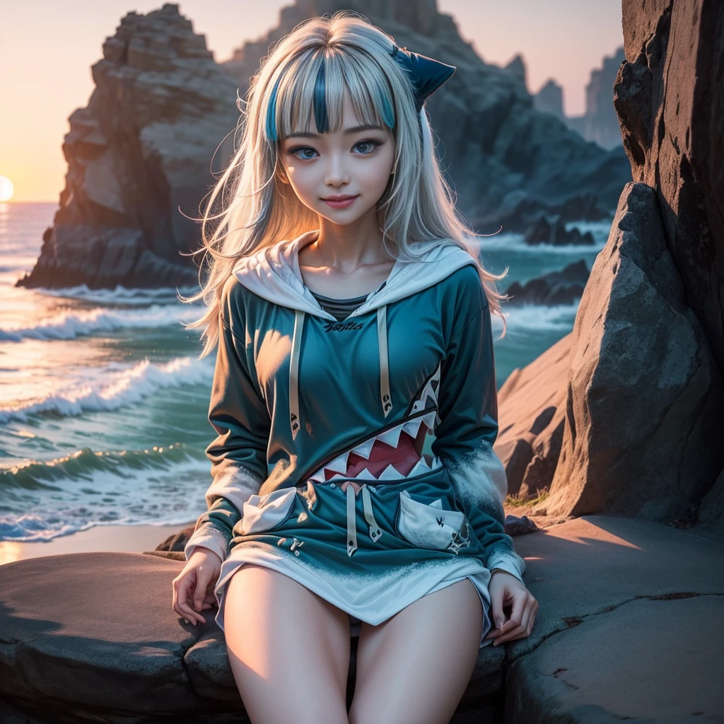 (gawr gura, blue hoodie, shark hood)、Beautiful girl、smile、Highly detailed face and eyes、Very fine body、Long, flowing white hair、Coastline of the setting sun、Shallow depth of field、Cinematic lighting、Soft pastel colors、Photorealistic、8K、Highest quality、masterpiece、Full body portrait、Surreal、dramatic、elegant、Calm