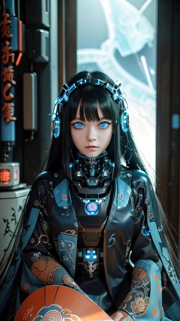 超詳細, 傑作, 最好的品質, 高解析度,  細緻的眼睛, detailed 臉, (新東京:1.5), (賽博朋克:1.5), (與機器融合:1.5), 12歲, 非常漂亮, 充滿神秘氣息的女孩, 鬼,  在外觀上, 優雅的日本傳統服裝與設計, (美麗的淺藍色眼睛:1.5), (她周圍的淡藍色等離子體:1.5), 生物力學, 傳統的日式房間，優雅, 黑色長髮, 瀏海, 臉, 手, 設計和 (淡藍色等離子環繞), 生物力學, 日本傳統高貴日式房間, 黑色長髮, 瀏海, 臉, 手, 設計和裝飾細緻清晰, ultra realistic and realistic image with super 高解析度