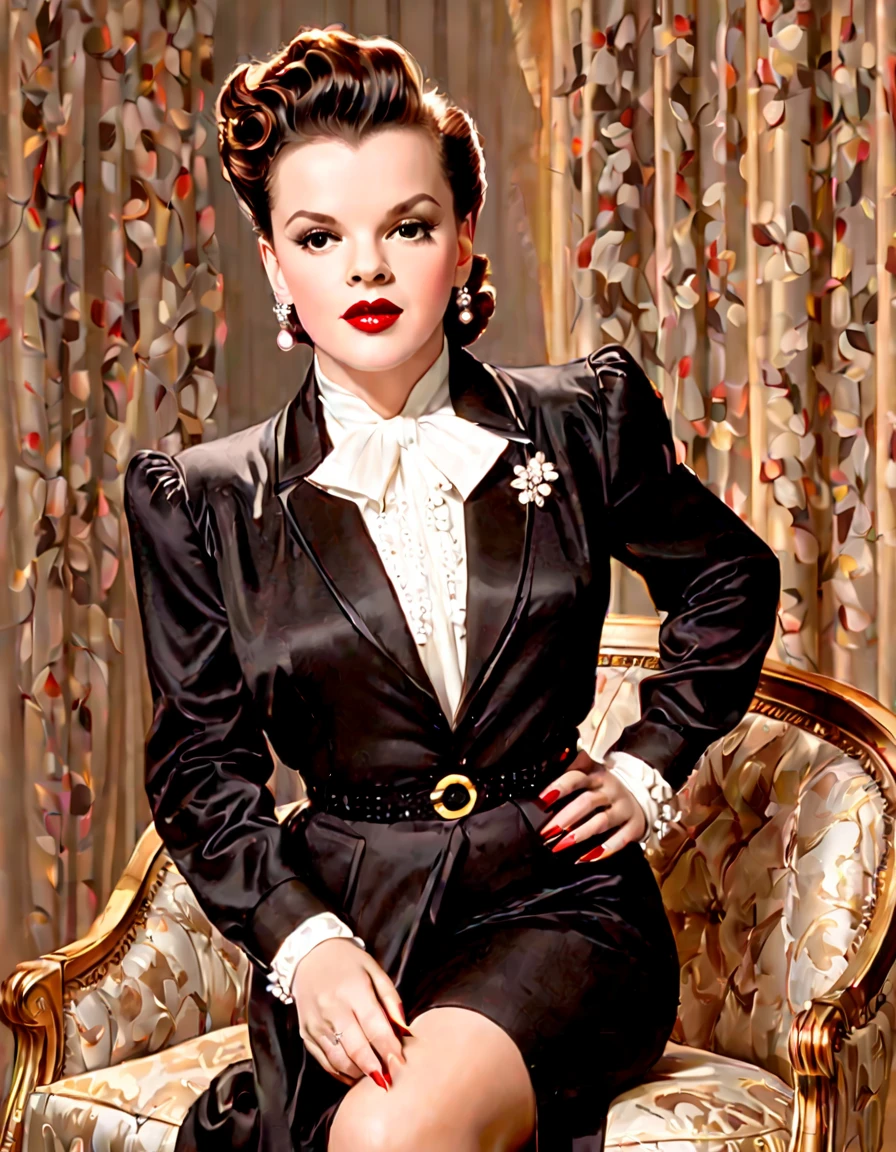 Create a contemporary and stylish interpretation of Judy Garland, blending classic features with a modern aesthetic. Imagine her in a chic and fashionable setting, incorporating elements of current fashion trends while maintaining the essence of Judy's timeless beauty. Strive for a portrait that captures both her iconic legacy and a fresh, contemporary allure.