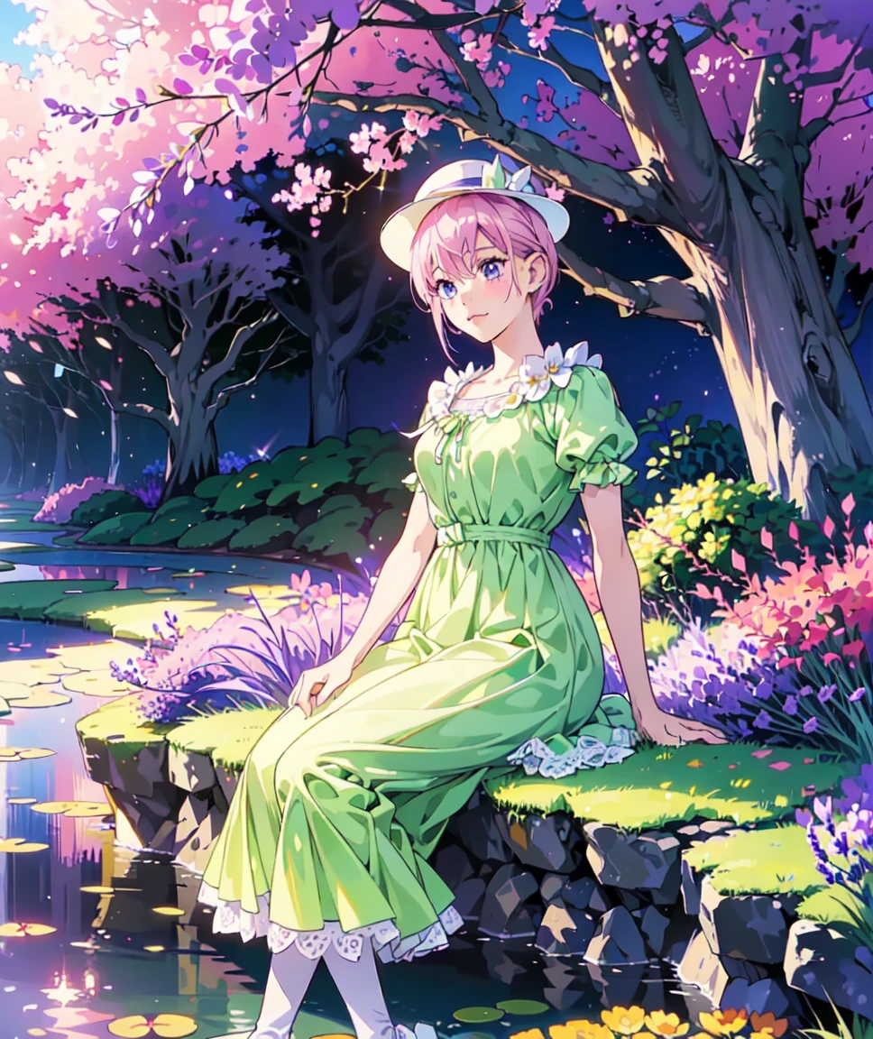 ichika nakano, vestida como a querida belle do meu pequeno pônei, Sozinho, 1 garota, em um jardim mítico: 2.0, (cabelo rosa, cachos enrolados: 2.5, olhos celestiais azuis escuros: 1.5, usando um vestido verde e branco, feliz: 1.5, sorriso suave, seus arredores são etéreos, ((ultra realista de alta qualidade de alta qualidade 4k)),: 3.0, dia ensolarado brilhante: 1.flores roxas e verdes em todos os lugares: 3.2, arbustos, LAGO COM LÍRIOS: 3.0, jacaranda trees: 2.0, jacarandás altamente detalhados, grama verde: 1.3, usando um chapéu de verão branco com fita roxa, vestido de verão com padrões de flores, recursos delicados: 2.0,  recursos semelhantes: 2.0 duas orelhas de gato branco: 1.0, UM CHIFRE BRANCO, FINO, MUITO FINO NA TESTA, duas orelhas de gato branco, pele branca pura, coxa verde alta, legging altamente detalhada, salto roxo, Cabelo brilhante, pele ligeiramente brilhante, nascer do sol, Manhã, lagoas brilhantes, flor de lavanda em todos os lugares, olhos brilhantes, sorriso suave e gentil fofo rosa suave blush claro,