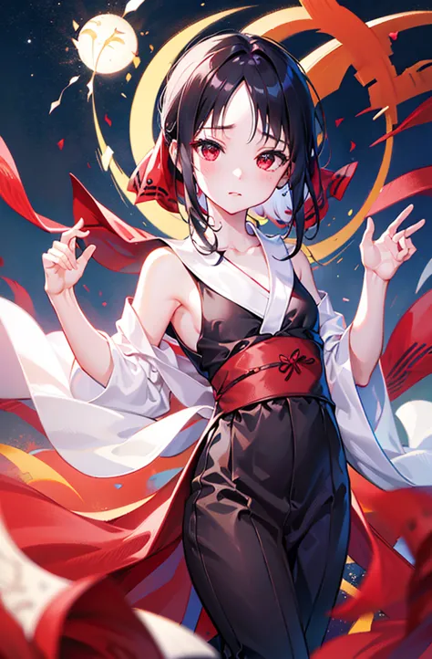 random pose,show your pants、roll up your clothes、yukata、black hair、small breasts、random pose、red ribbon、pale red eyes、tanabata、y...