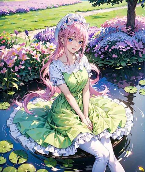 Ichika nakano, dressed as sweetie belle from my little pony, solo, 1 girl, in a mythical garden: 2.0, (pink hair, coil curls: 2....