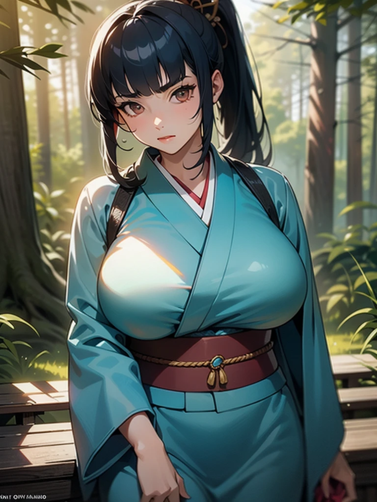 {{{masterpiece}}}, {{{best quality}}}, {{ultra-detailed}}, {cinematic lighting}, {illustration}, {beautifuly detailed eyes}, {1girl}, extremely detailed, 1girl, solo,  A beautiful samurai warrior, blue hair in a long ponytail, wearing white and black kimono, warrior, serious, brown eyes, huge breasts, hourglass figure, facing viewer, outdoors, woodland background, highly detailed face and clothing, slightly narrow eyes, perfect face, fair skin, hair bangs, long hair, cowboy shot, noble beautiful, traditional Japanese clothing, samurai woman