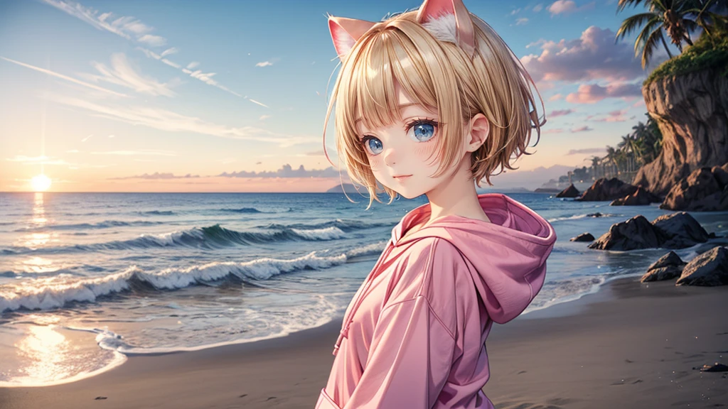 Cat ear、Absurd, Ultra-detailed,Bright colors,(solo),(From the side:1.2),(View your viewers:1.5) (Short blonde hair:1.2),Shiny Hair,(Pink hoodie:1.5),(Black sneakers),Denim shorts,Delicate and beautiful face, blush、(Deep blue eyes:1.4), White skin, (A wistful smile:1.3),Beautiful Clouds,(Standing on the beach, looking to the side with a sad expression:1.3),look at the sea and sunset,At sunset,Waves crashing on the beach,sunlight,Light on the face、Cat ear、Belly button