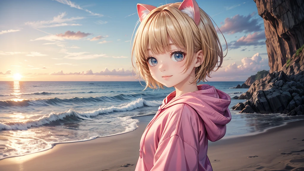 Cat ear、Absurd, Ultra-detailed,Bright colors,(solo),(From the side:1.2),(View your viewers:1.5) (Short blonde hair:1.2),Shiny Hair,(Pink hoodie:1.5),(Black sneakers),Denim shorts,Delicate and beautiful face, blush、(Deep blue eyes:1.4), White skin, (A wistful smile:1.3),Beautiful Clouds,(Standing on the beach, looking to the side with a sad expression:1.3),look at the sea and sunset,At sunset,Waves crashing on the beach,sunlight,Light on the face、Cat ear、Belly button