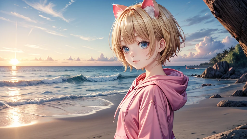 Cat ear、Absurd, Ultra-detailed,Bright colors,(solo),(From the side:1.2),(View your viewers:1.5) (Short blonde hair:1.2),Shiny Hair,(Pink hoodie:1.5),(Black sneakers),Denim shorts,Delicate and beautiful face, blush、(Deep blue eyes:1.4), White skin, (A wistful smile:1.3),Beautiful Clouds,(Standing on the beach, looking to the side with a sad expression:1.3),look at the sea and sunset,At sunset,Waves crashing on the beach,sunlight,Light on the face、Cat ear、Belly button