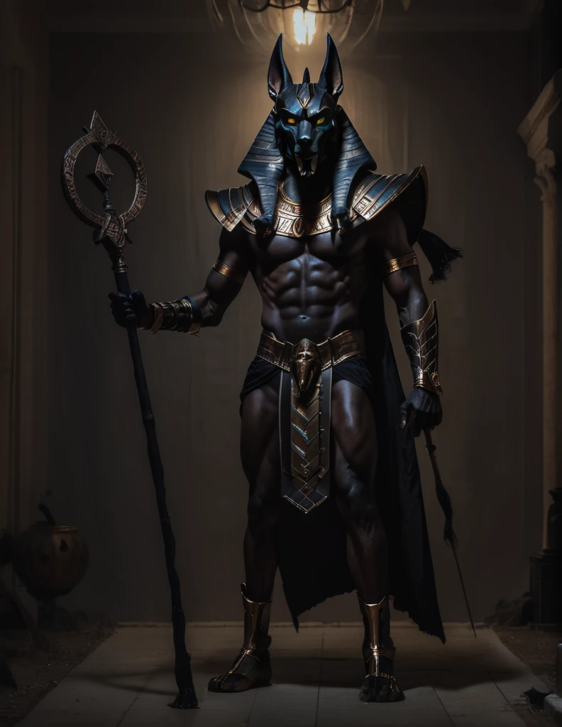 diseño de disfraz de Halloween de Anubis realista, hombre elegante, intimidante y psicópata, Máscara de Anubis, Energía oscura, traje negro, sosteniendo un bastón, cuerpo completo muy detallado, iluminación cinematográfica, Entrada con atmósfera dramática, Fotorrealista, 8K, obra maestra