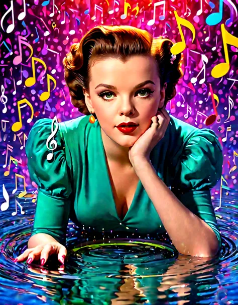 generate a portrait of judy garland in a whimsical, dreamlike setting, surrounded by floating musical notes and vibrant colors. ...