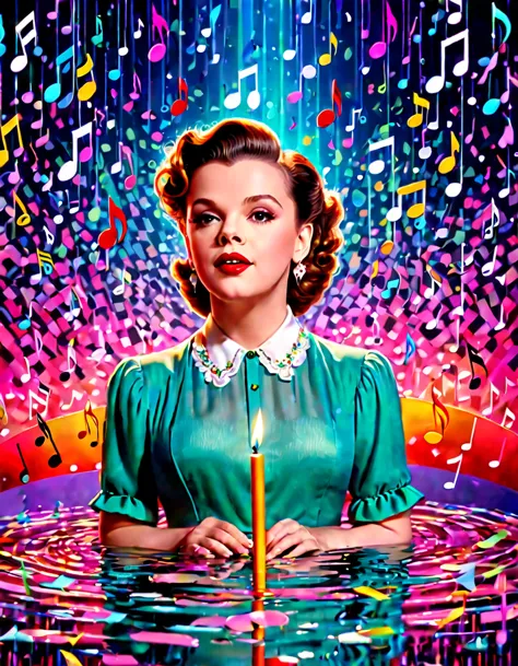 Generate a portrait of Judy Garland in a whimsical, dreamlike setting, surrounded by floating musical notes and vibrant colors. ...