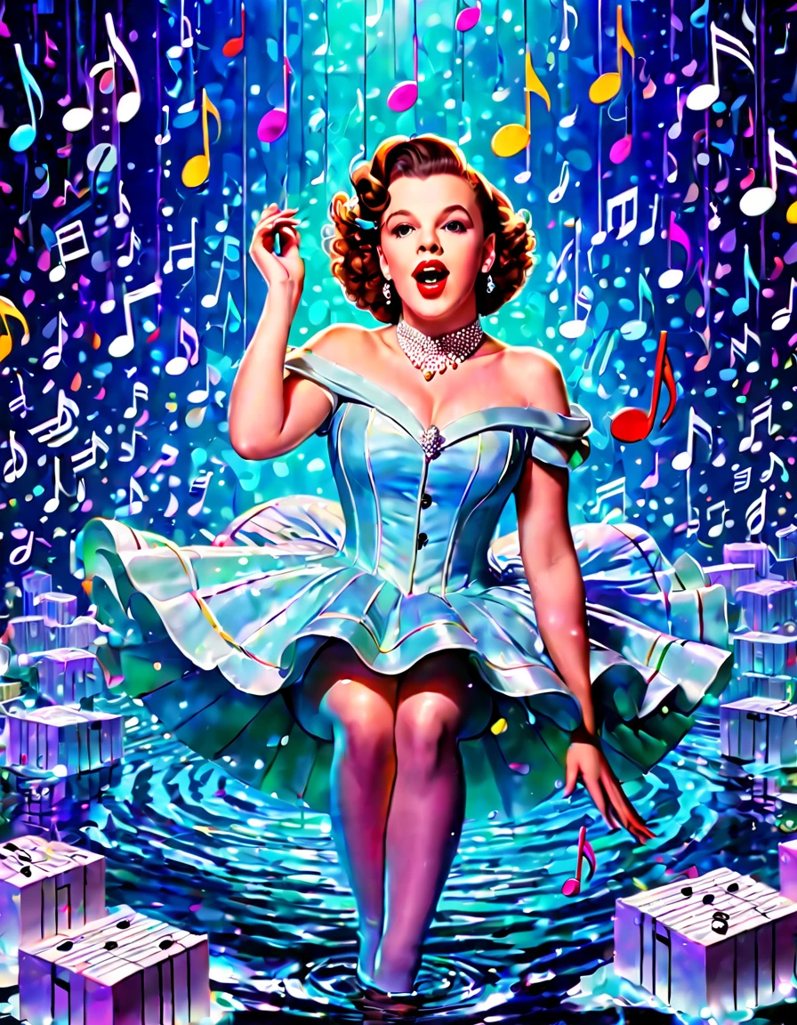 Generate a portrait of Judy Garland in a whimsical, dreamlike setting, surrounded by floating musical notes and vibrant colors. hyper realistic photo, vibrant colors, 16k