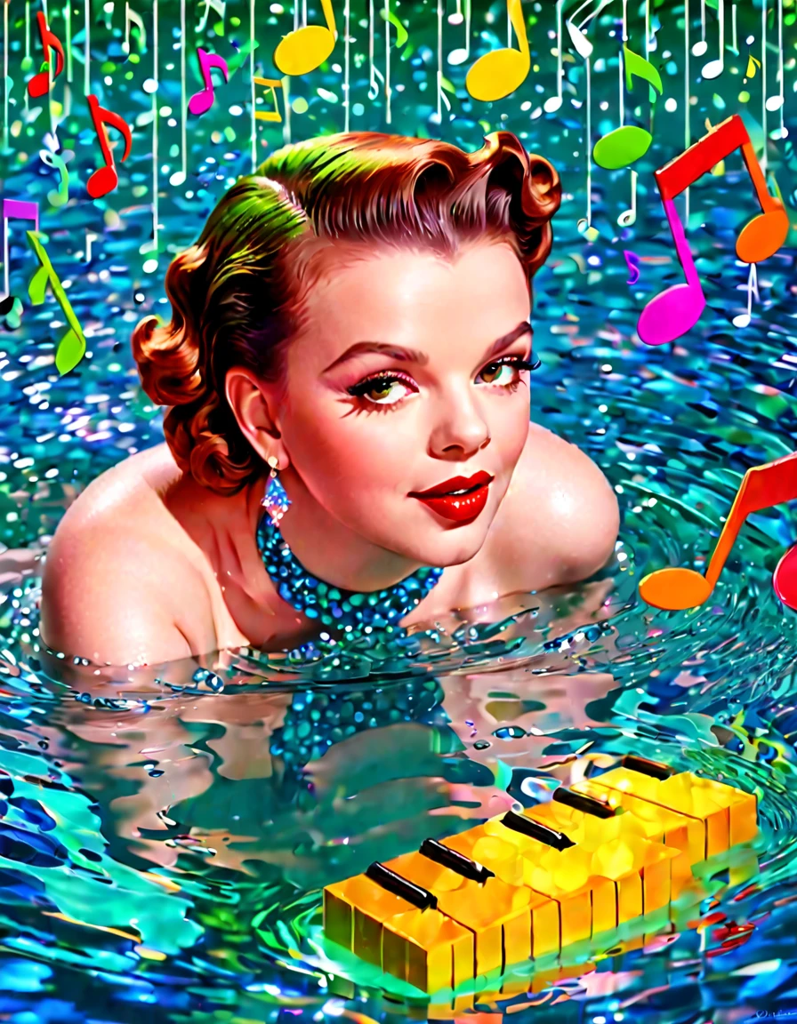 Generate a portrait of Judy Garland in a whimsical, dreamlike setting, surrounded by floating musical notes and vibrant colors. hyper realistic photo, vibrant colors, 16k