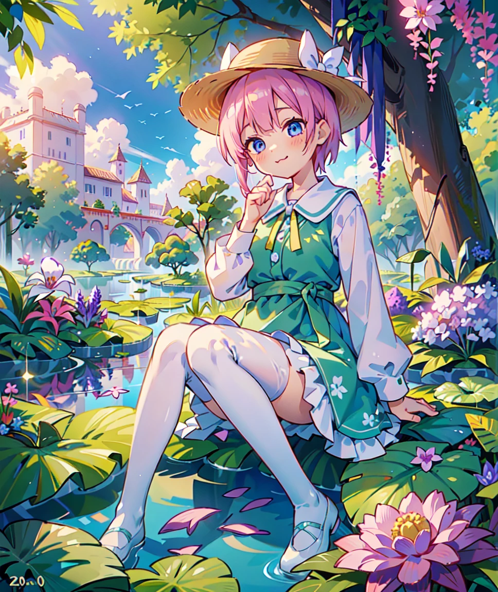 Ichika nakano, dressed as sweetie belle from my little pony, solo, 1 girl, in a mythical garden: 2.0, (short pink hair, coil curls: 2.5, dark blue heavenly eyes: 1.5, wearing a green and white dress, happy: 1.5, soft smile, her surroundings are ethereal, ((ultra realistic high quality top quality 4k)),: 3.0, bright sunny day: 1.urple and green flowers everywhere: 3.2, bushes, POND WITH LILY PADS: 3.0, jacaranda trees: 2.0, highly detailed jacaranda trees, green grass: 1.3, wearing a white summer hat with purple ribbon, summer dress with flower patterns, dainty features: 2.0,  like features: 2.0 two white cat ears: 1.0, ONE WHITE THIN THIN REALLY THIN HORN ON HER FOREHEAD, two white cat ears, pure white skin, green thigh high, highly detailed legging, purple heel, shiny hair, slightly shiny skin, sun rise, morning, shining ponds, lavender flower everywhere, shining eyes, soft gentle smile cute pink soft light blush,