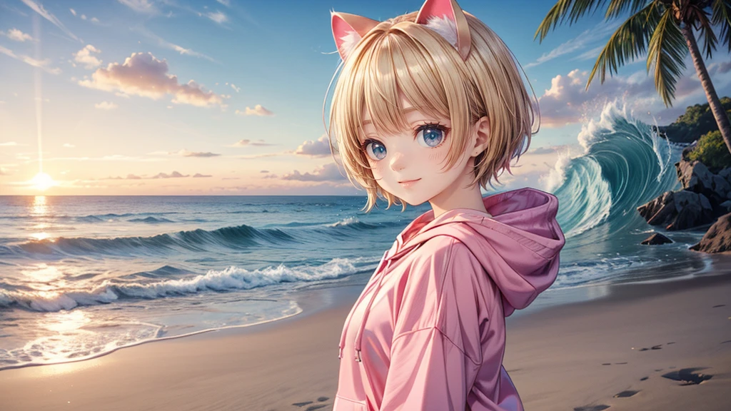 Cat ear、Absurd, Ultra-detailed,Bright colors,(solo),(From the side:1.2),(View your viewers:1.5) (Short blonde hair:1.2),Shiny Hair,(Pink hoodie:1.5),(Black sneakers),Denim shorts,Delicate and beautiful face, blush、(Deep blue eyes:1.4), White skin, (A wistful smile:1.3),Beautiful Clouds,(Standing on the beach, looking to the side with a sad expression:1.3),look at the sea and sunset,At sunset,Waves crashing on the beach,sunlight,Light on the face、Cat ear、Belly button、Turquoise Eyes