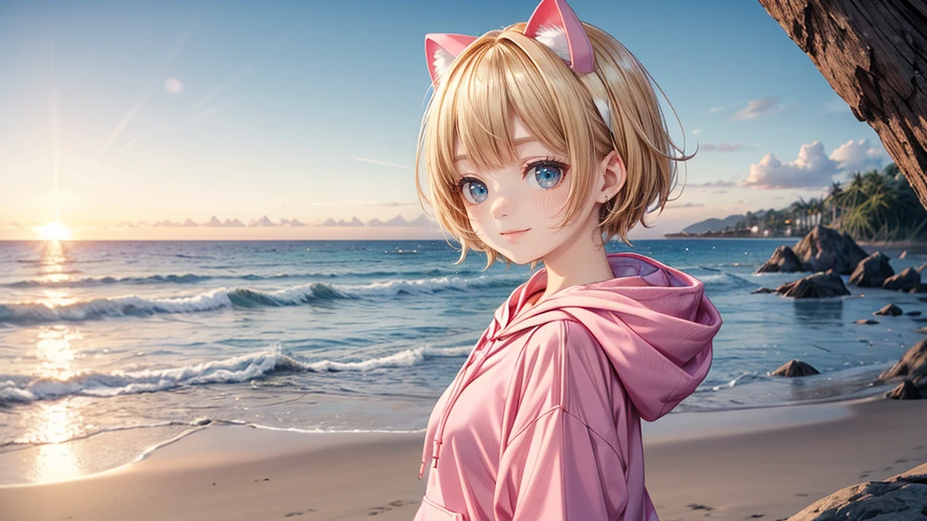 Cat ear、Absurd, Ultra-detailed,Bright colors,(solo),(From the side:1.2),(View your viewers:1.5) (Short blonde hair:1.2),Shiny Hair,(Pink hoodie:1.5),(Black sneakers),Denim shorts,Delicate and beautiful face, blush、(Deep blue eyes:1.4), White skin, (A wistful smile:1.3),Beautiful Clouds,(Standing on the beach, looking to the side with a sad expression:1.3),look at the sea and sunset,At sunset,Waves crashing on the beach,sunlight,Light on the face、Cat ear、Belly button、Turquoise Eyes