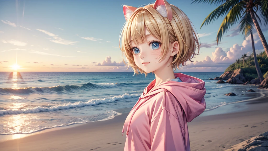 Cat ear、Absurd, Ultra-detailed,Bright colors,(solo),(From the side:1.2),(View your viewers:1.5) (Short blonde hair:1.2),Shiny Hair,(Pink hoodie:1.5),(Black sneakers),Denim shorts,Delicate and beautiful face, blush、(Deep blue eyes:1.4), White skin, (A wistful smile:1.3),Beautiful Clouds,(Standing on the beach, looking to the side with a sad expression:1.3),look at the sea and sunset,At sunset,Waves crashing on the beach,sunlight,Light on the face、Cat ear、Belly button、Turquoise Eyes