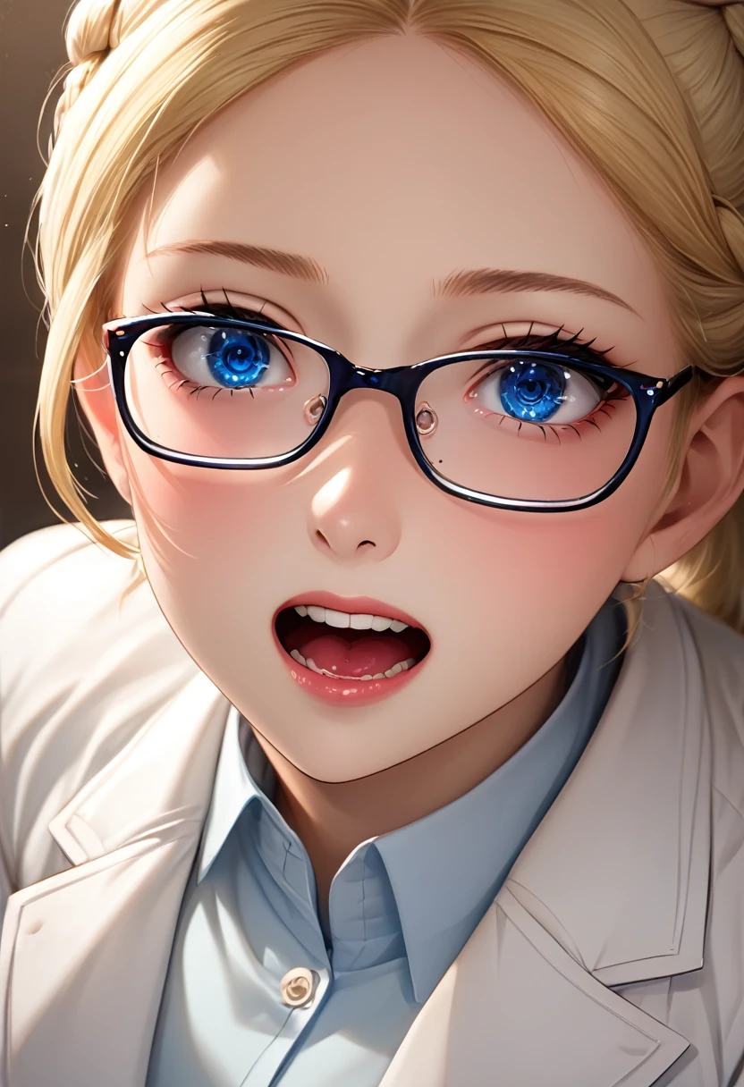 detailed illustration, dynamic angle, ultra-detailed, illustration, clean line art, shading, anime, detailed eyes, detailed face, beautiful face, dramatic lighting, ultra-detailed, illustration, single woman, masterpiece, masterwork, beautiful, blue eyes, show whole body in shot, head to toe in picture,

Thin, willowy, lithe, a cup breasts, narrow hips, creamy white skin, pale skin tone, blonde hair in a french braid with bangs, lab coat, glasses, professional, shy, quiet, mousy, conservatively dressed, puritanical, college age, look of pain on face, yelling, veins bulging, hunched over, hugging self, in pain, hurt, clothes ripping, muscles bulging, muscles growing, legs curled up, clothes too tight, clothes too small, clothes ripping from bulging muscles, big veins on face, eyes blood shot, too tall for pants, pants ripping at the seams,