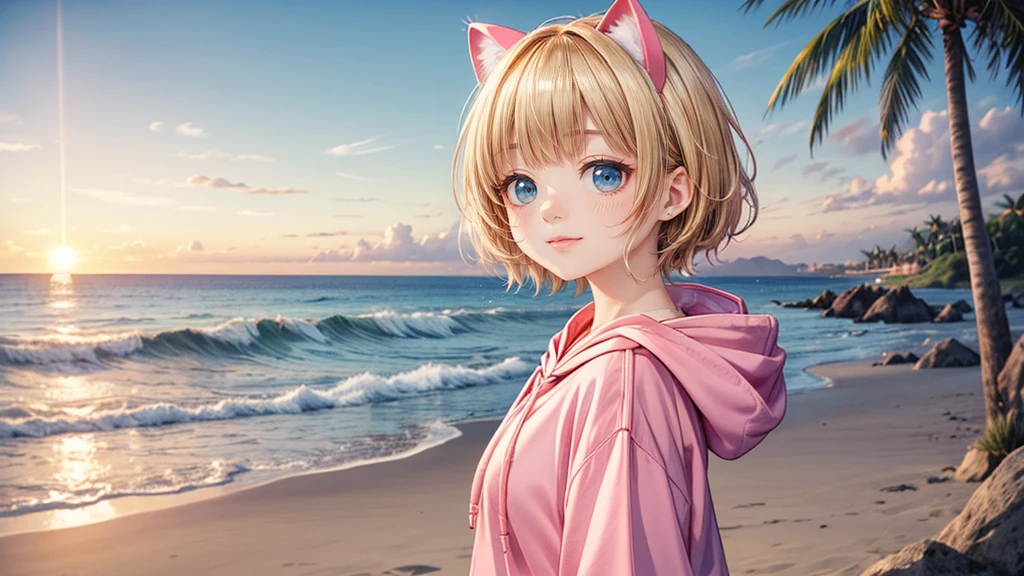 Turquoise Eyes、Cat ear、Absurd, Ultra-detailed,Bright colors,(solo),(From the side:1.2),(View your viewers:1.5) (Short blonde hair:1.2),Shiny Hair,(Pink hoodie:1.5),(Black sneakers),Denim shorts,Delicate and beautiful face, blush、(Deep blue eyes:1.4), White skin, (A wistful smile:1.3),Beautiful Clouds,(Standing on the beach, looking to the side with a sad expression:1.3),look at the sea and sunset,At sunset,Waves crashing on the beach,sunlight,Light on the face、Cat ear、Belly button、Turquoise Eyes