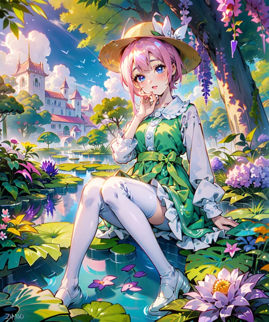 Ichika nakano, dressed as sweetie belle from my little pony, solo, 1 girl, in a mythical garden: 2.0, (short pink hair, coil curls: 2.5, dark blue heavenly eyes: 1.5, wearing a green and white dress, happy: 1.5, soft smile, her surroundings are ethereal, ((ultra realistic high quality top quality 4k)),: 3.0, bright sunny day: 1.urple and green flowers everywhere: 3.2, bushes, POND WITH LILY PADS: 3.0, jacaranda trees: 2.0, highly detailed jacaranda trees, green grass: 1.3, wearing a white summer hat with purple ribbon, summer dress with flower patterns, dainty features: 2.0,  like features: 2.0 two white cat ears: 1.0, ONE WHITE THIN THIN REALLY THIN HORN ON HER FOREHEAD, two white cat ears, pure white skin, green thigh high, highly detailed legging, purple heel, shiny hair, slightly shiny skin, sun rise, morning, shining ponds, lavender flower everywhere, shining eyes, soft gentle smile cute pink soft light blush,