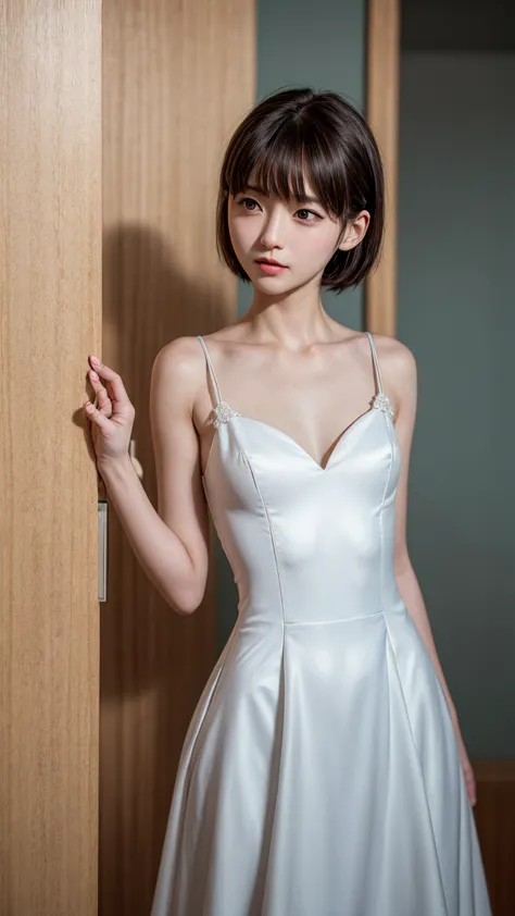 one piece wedding dress、beautiful young wife、super detailed、particles of light:0.5、shiny and smooth skin texture、first night、lov...