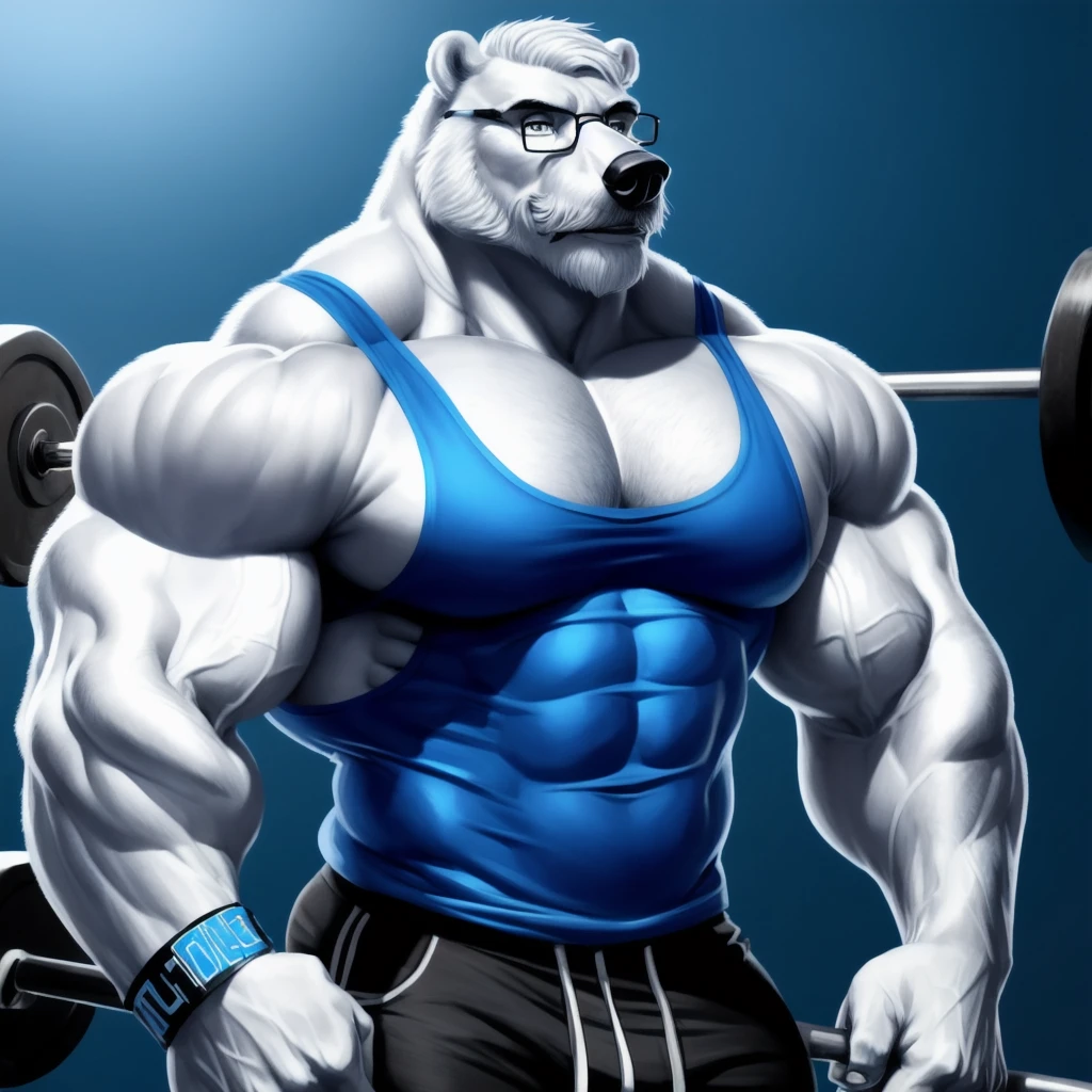 solo, 1boy, Huge Muscular White Polar Bear wearing glasses, huge white fur, pectoral, huge pectoral, wide pectoral, short white hair, blue colored short pants, blue colored wristbands and blue colored tank top, white bearded, white Mustache, white fur, simple background, masterpiece, high detailed, 8k, high resolution, at the gym, flexes huge muscles, disney profile,