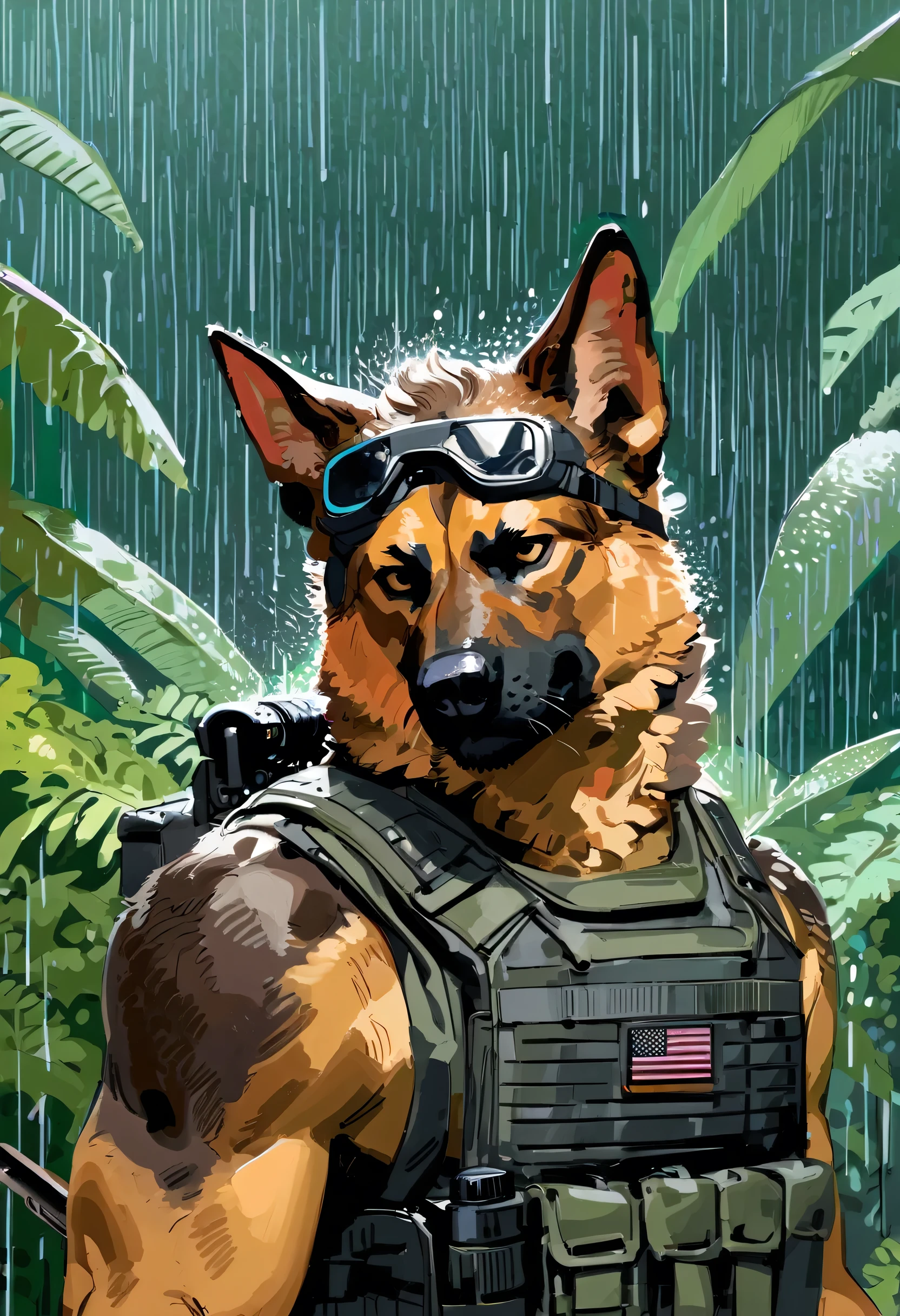 solo, male, anthro, (German Shepherd), by seyorrol, digital artwork, ((intricate jungle rainstorm background, raining, walking)), (mysterious shadows:0.5), realistic shading, (epic, masterpiece, high quality, 8k, ultra HD, absurd res, top quality, best quality, max quality, masterpiece), ((sexy, (masculine body))), (tail), (wearing bulletproof vest), ((((Wearing black tactical doggles)))), ((fur)), scowling, ((headshot, 3 quarter view)), (((aiming ak47))),