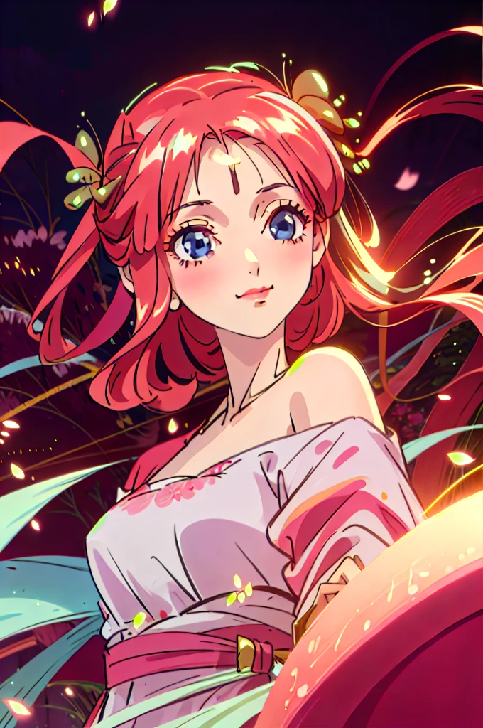 Best quality, masterpiece, ultra high res, (photorealistic:1.4), raw photo, 1girl, white dress, off shoulder, blossom flower field, glowing skin, light smile, nino nakano, pink red long hair, shoulder, blue eyes, hair ribbons