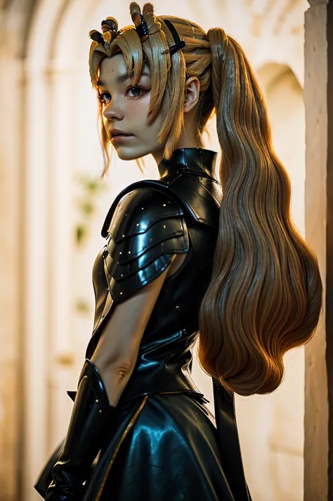 headshot photo of tenletters, focus on face, wearing leather armor , her peach puff color hair is styled as greek bun,