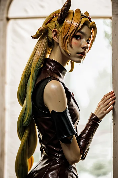 headshot photo of tenletters, focus on face, wearing leather armor , her peach puff color hair is styled as greek bun,