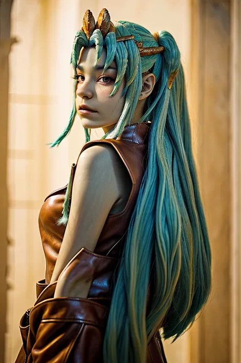 headshot photo of tenletters, focus on face, wearing leather armor , her peach puff color hair is styled as greek bun,