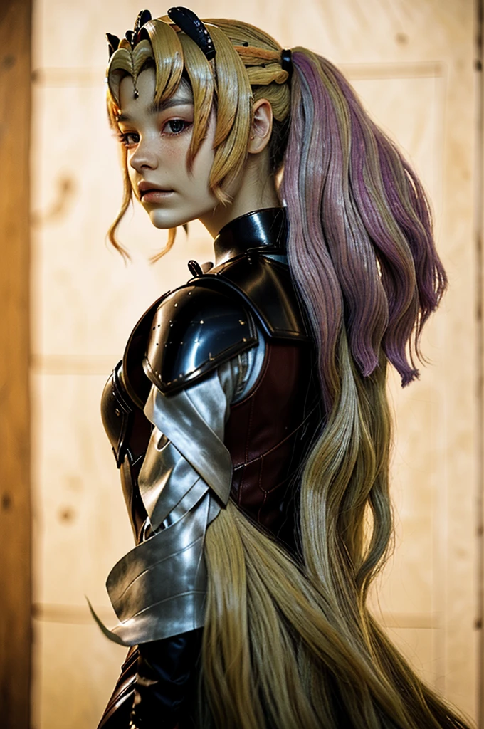 headshot photo of tenletters, focus on face, wearing leather armor , her Peach puff color hair is styled as greek bun,