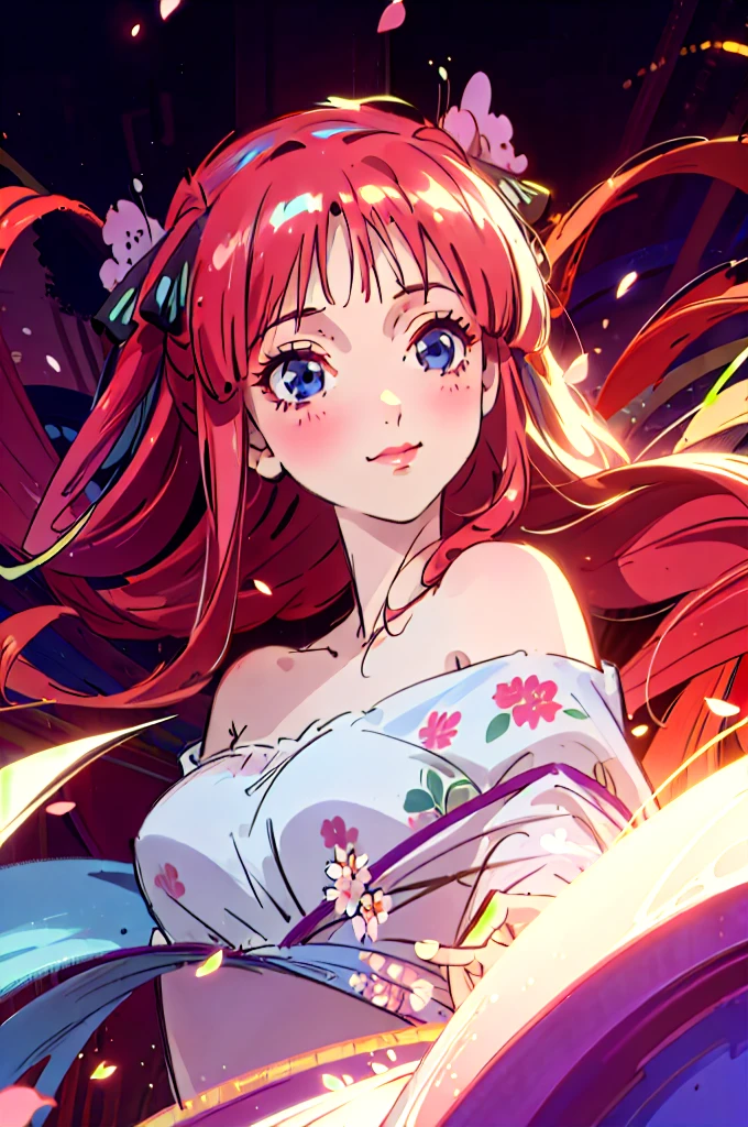 Best quality, masterpiece, ultra high res, (photorealistic:1.4), raw photo, 1girl, white dress, off shoulder, blossom flower field, glowing skin, light smile, nino nakano, pink red long hair, shoulder, blue eyes, hair ribbons