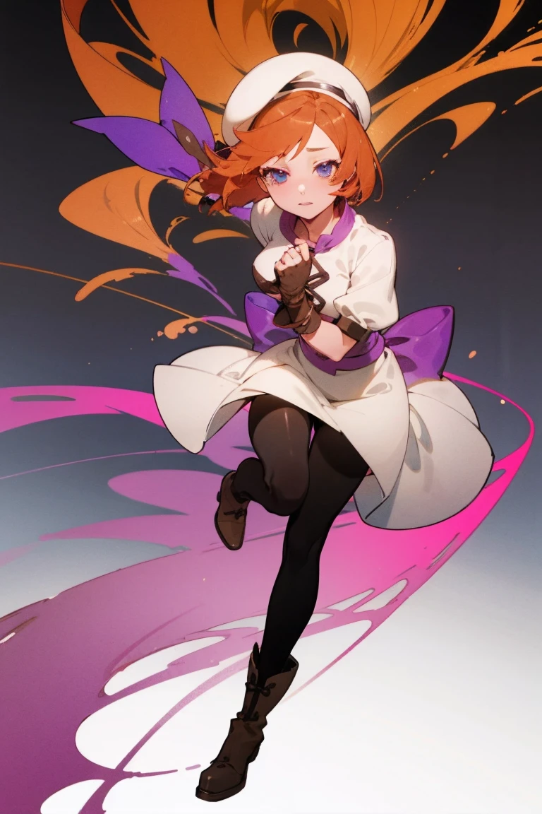 One girl，Beautiful viewasterpiece、Highest quality)，Short Hair,Orange Hair，Blue wristband，Purple ribbon，，Short sleeve，,Light colors,White Beret，Blue eyes,White slit dress，Black tights，whole body，Brown boots