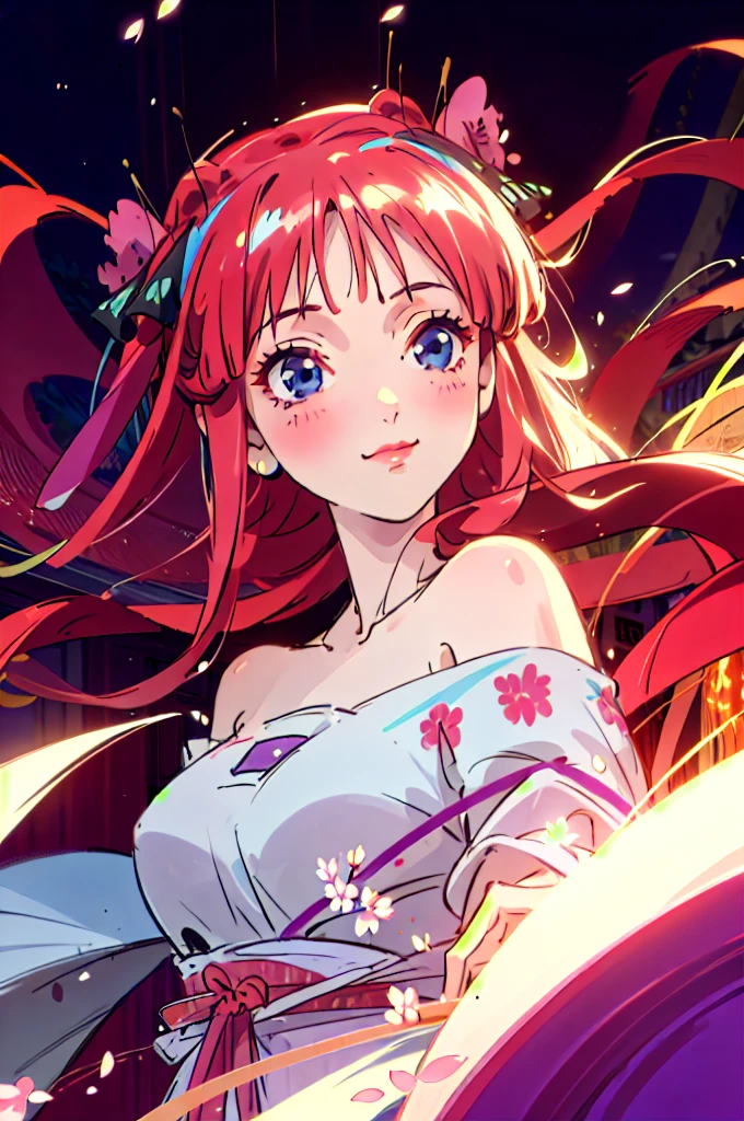 Best quality, masterpiece, ultra high res, (photorealistic:1.4), raw photo, 1girl, white dress, off shoulder, blossom flower field, glowing skin, light smile, nino nakano, pink red long hair, shoulder, blue eyes, hair ribbons, chinese princess, chinese buns