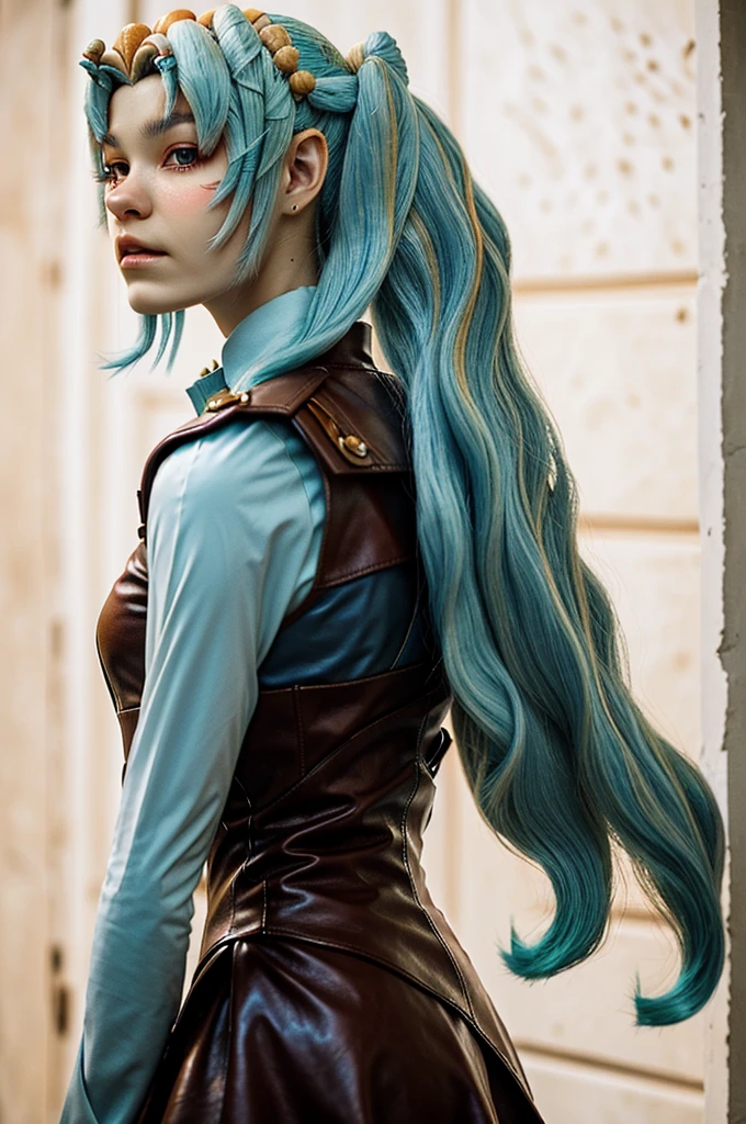 headshot photo of tenletters, focus on face, wearing leather armor , her Peach puff color hair is styled as greek bun,