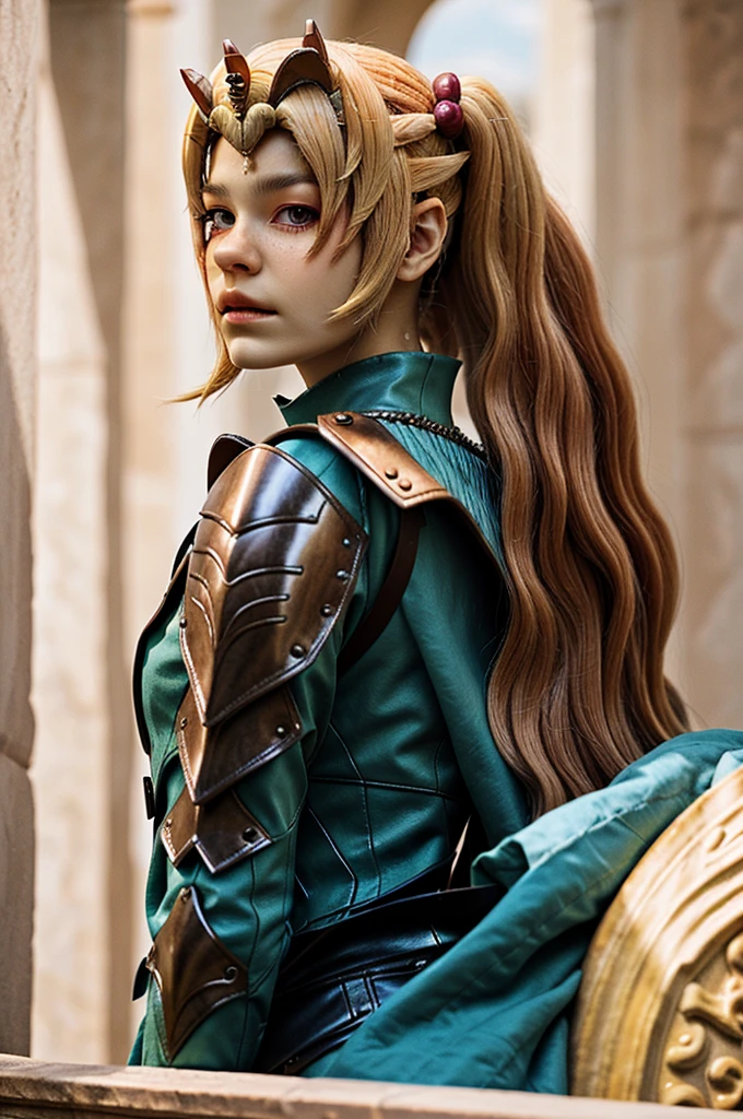 headshot photo of tenletters, focus on face, wearing leather armor , her Peach puff color hair is styled as greek bun,