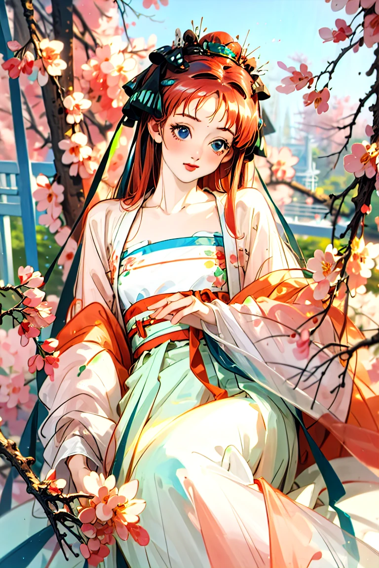 Best quality, masterpiece, ultra high res, (photorealistic:1.4), raw photo, 1girl, white dress, off shoulder, blossom flower field, glowing skin, light smile, nino nakano, pink red long hair, shoulder, blue eyes, hair ribbons, full body, laying down among flowers, chinese princess, hair buns