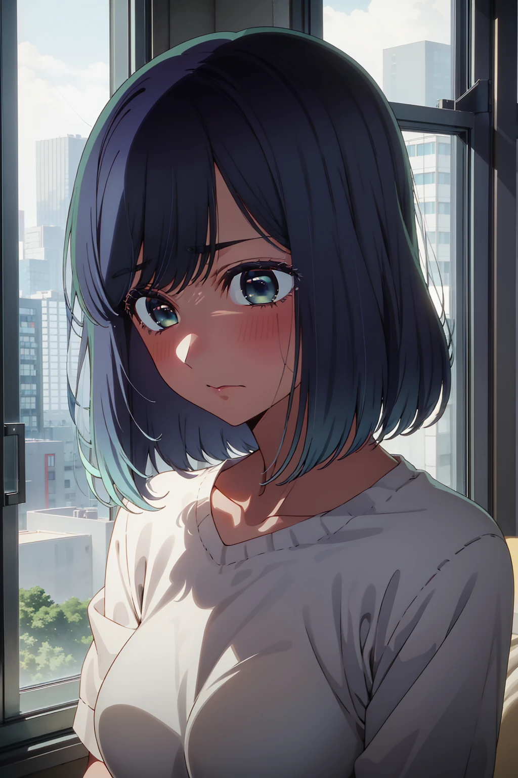 akane kurokawa,naked,rock,Blue Hair,naked,hot,sexy,beautiful,Perfect body,One Girl,big ,masterpiece,Perfect Face,Expressive Face,naked,night、Lying on a bed by the window in a high-rise building,Atmospheric lighting、Sad face