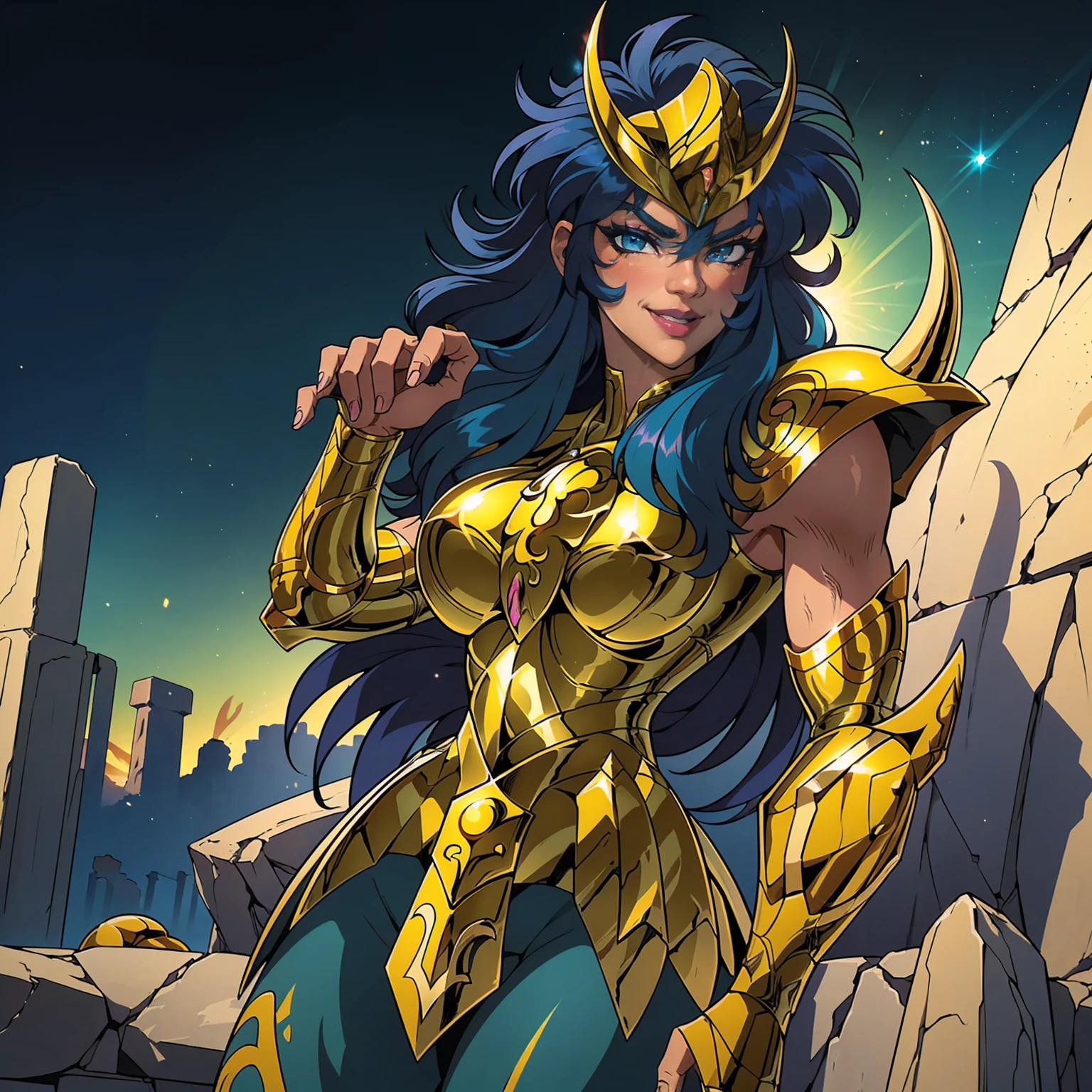 Scorpio Gold Armor, ((Messy hair, blue hair, glowing blue eyes, lipstick, makeup, narrow waist, skinny, medium breasts, alone)), pelvic curtain, ((scorpioarmor, armor,golden shinning armor, reflection armor, helmet)), full body, perfect body, (insanely detailed, beautiful detailed face, masterpiece, best quality) , (((solo))), (((1girl))), (((mature))), (extremely detailed 8k paper CG wall unit: 1.1), (greek ruins background, dusk), (smile face for the viewer), 
